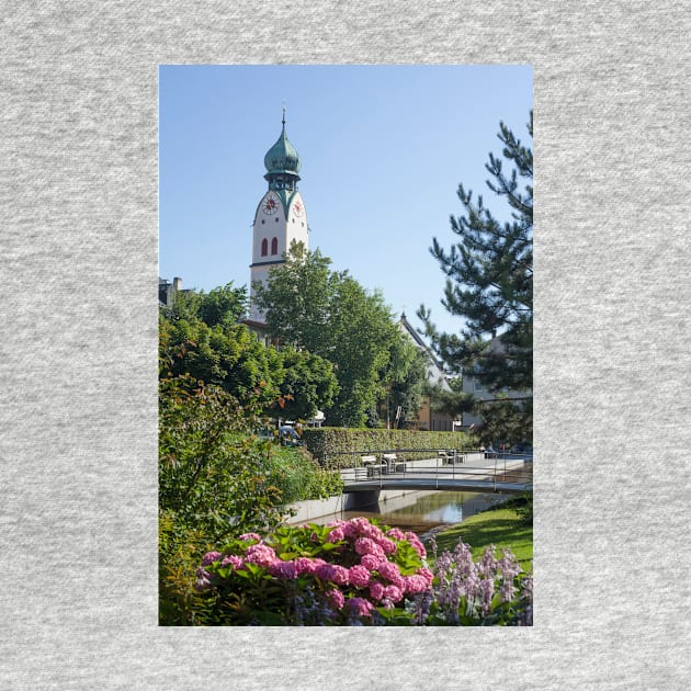 Riedergarten with parish church of St. Nikolaus, Rosenheim, Upper Bavaria, Bavaria, Germany, Europe by Kruegerfoto